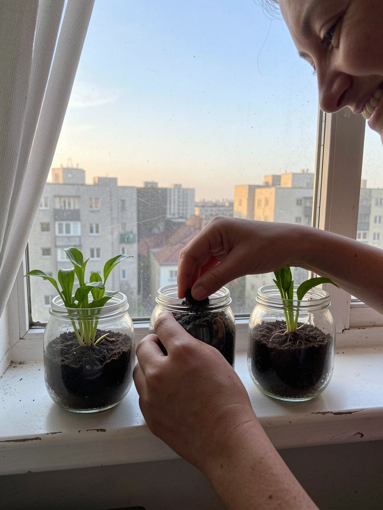Mãos plantando uma semente em vaso com terra úmida sob luz natural
