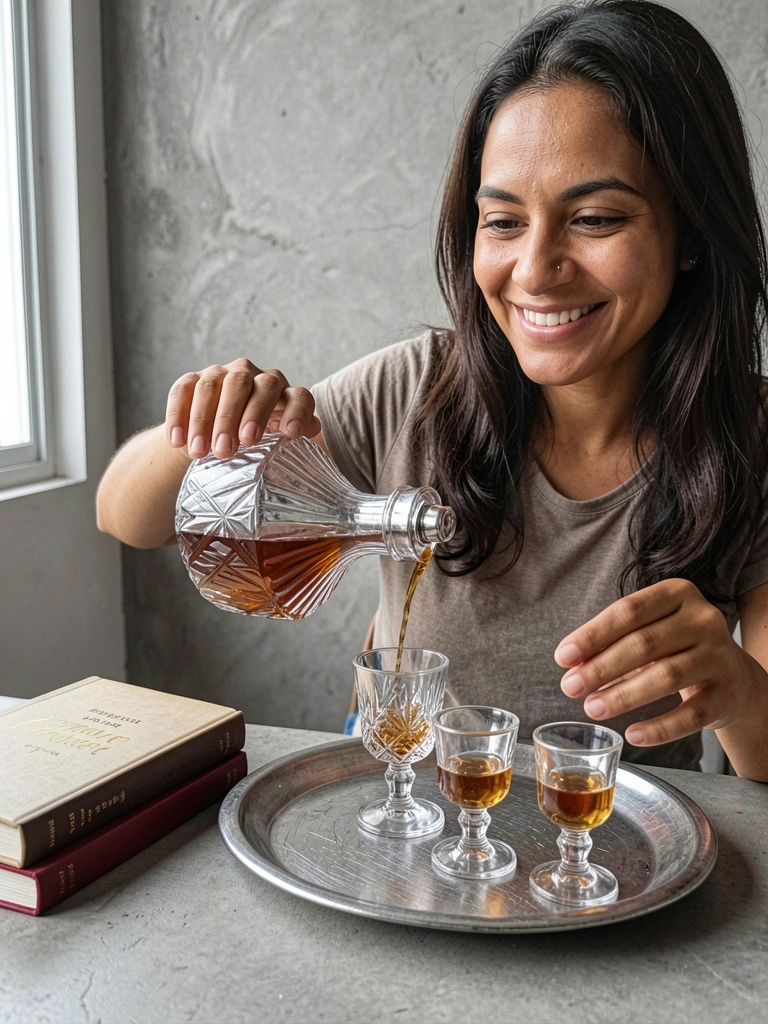 Pessoa sorrindo ao servir licor caseiro em taça elegante