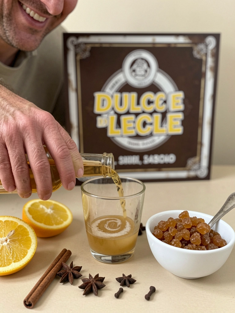 Frutas, especiarias e garrafa de álcool sobre bancada de madeira