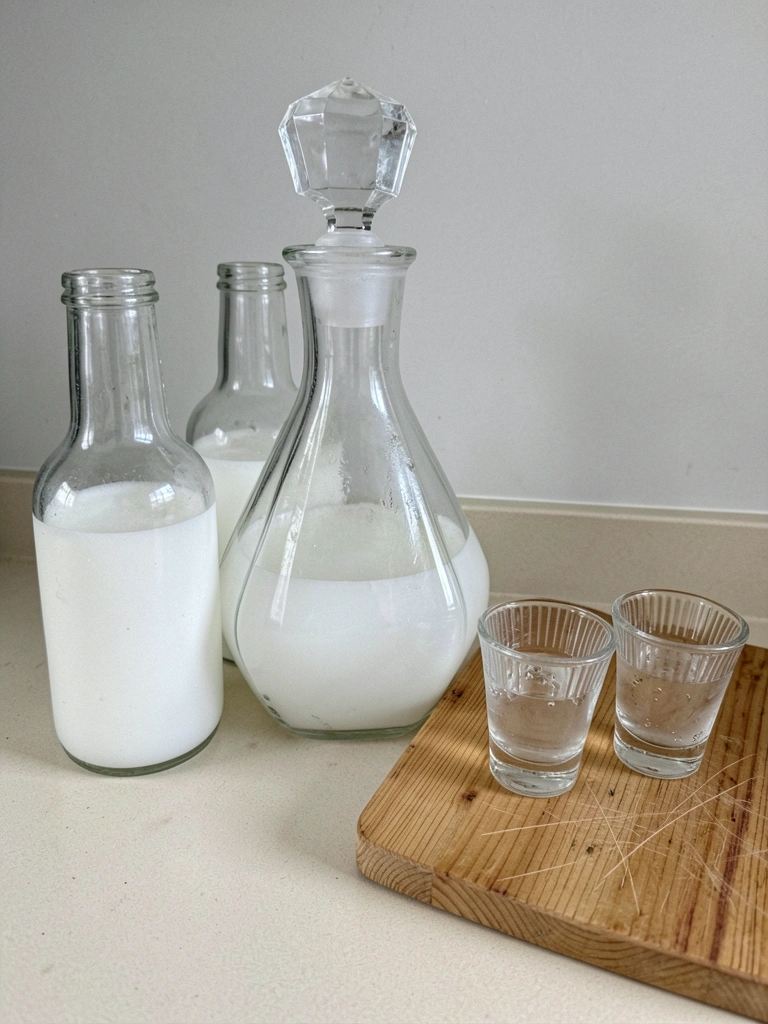 Garrafas de bebidas brancas alinhadas sobre uma bancada de cozinha