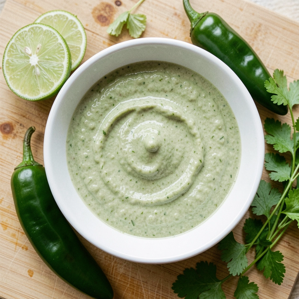 Tigela com molho verde e ramos de salsinha ao lado