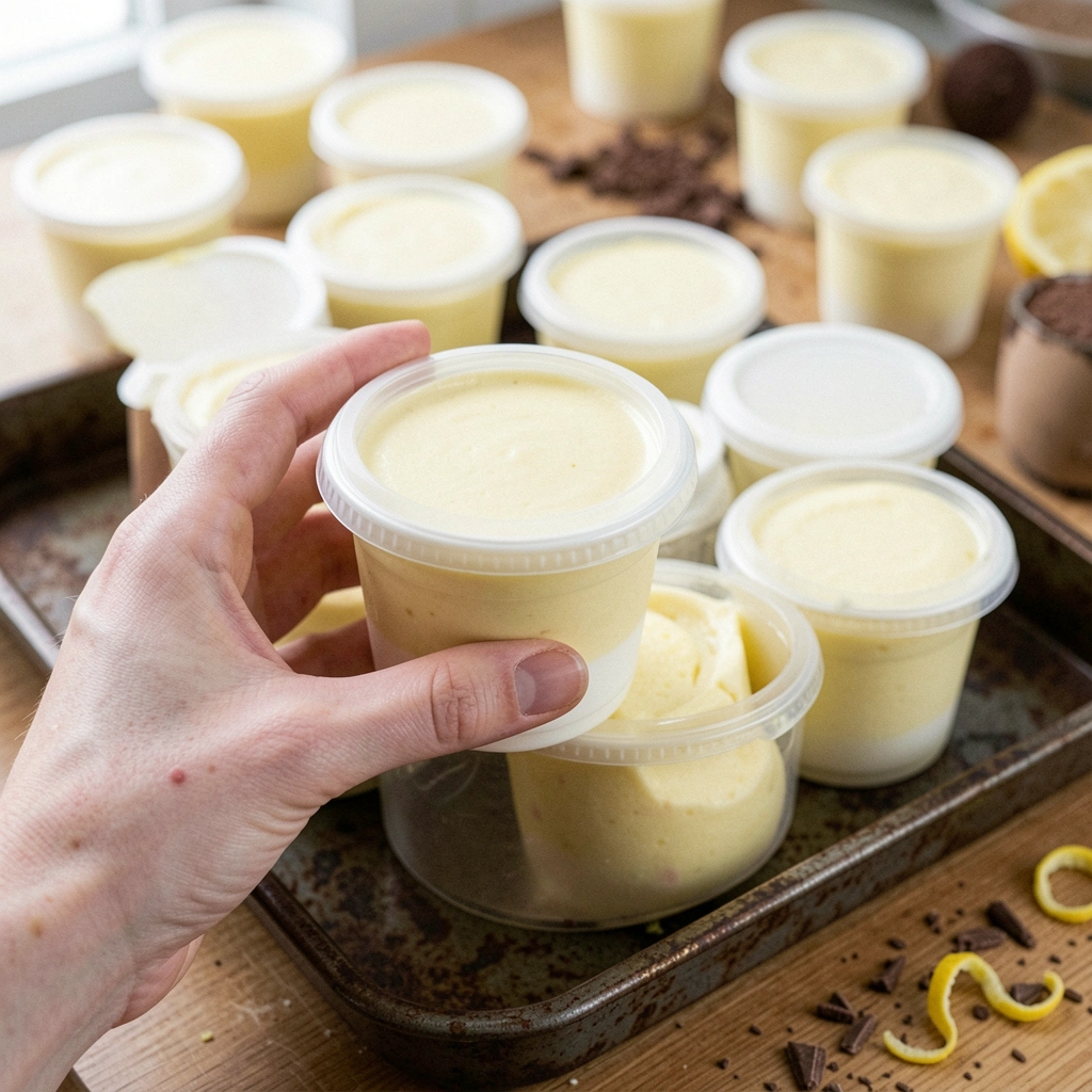 Taça de vidro com mousse de limão trufado, raspas de chocolate ao fundo