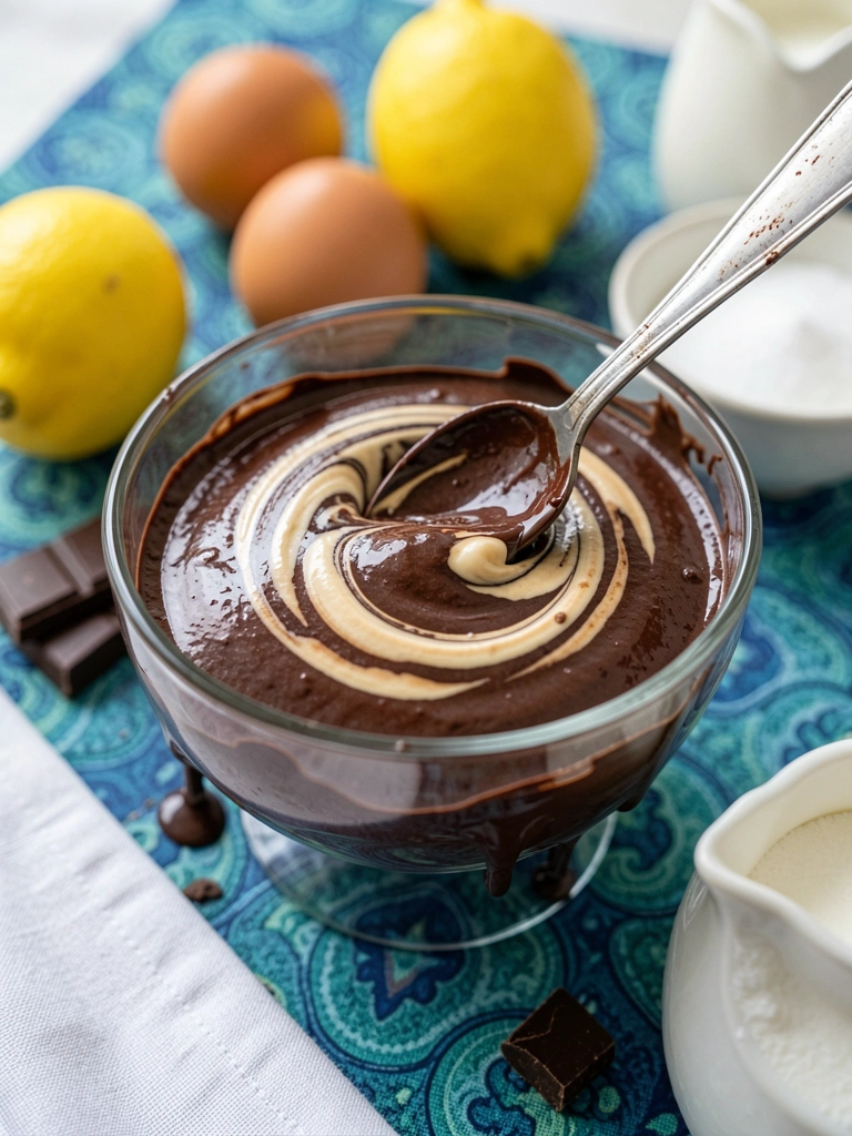 Limões, chocolate, ovos, açúcar e creme de leite dispostos sobre uma mesa de madeira.