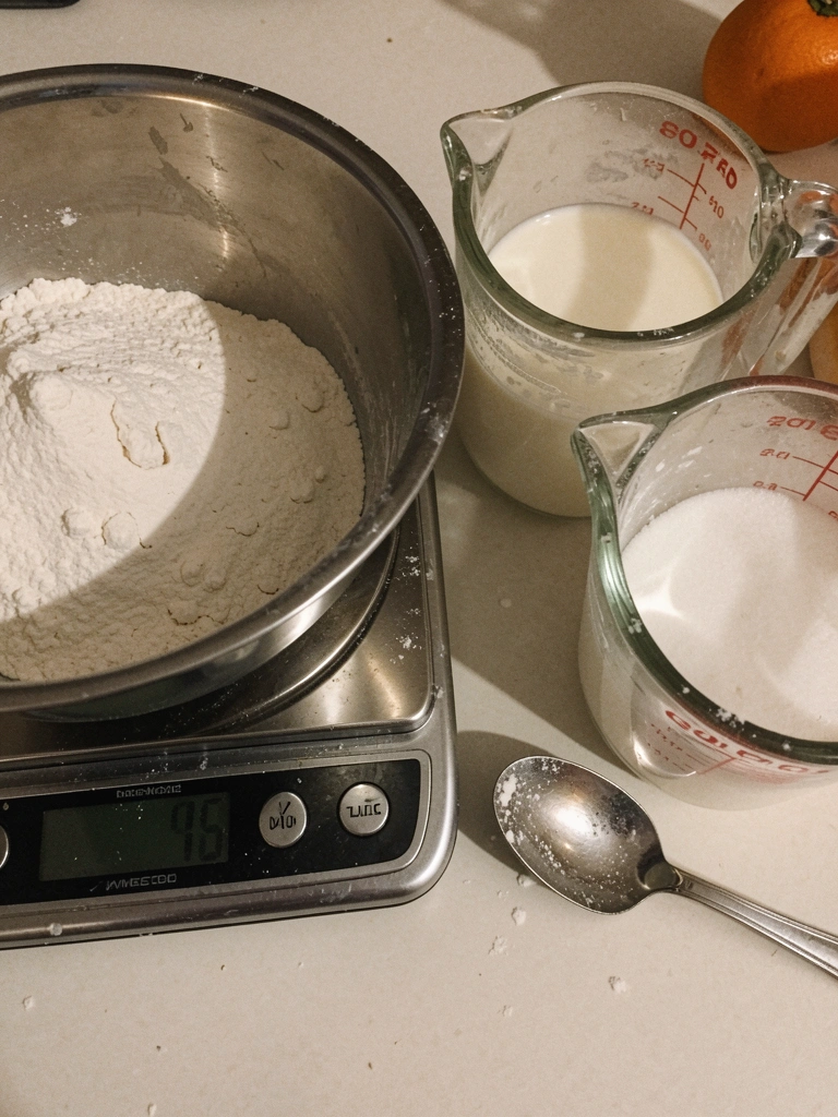 Balança de cozinha com copos medidores e ingredientes dosados sobre bancada.