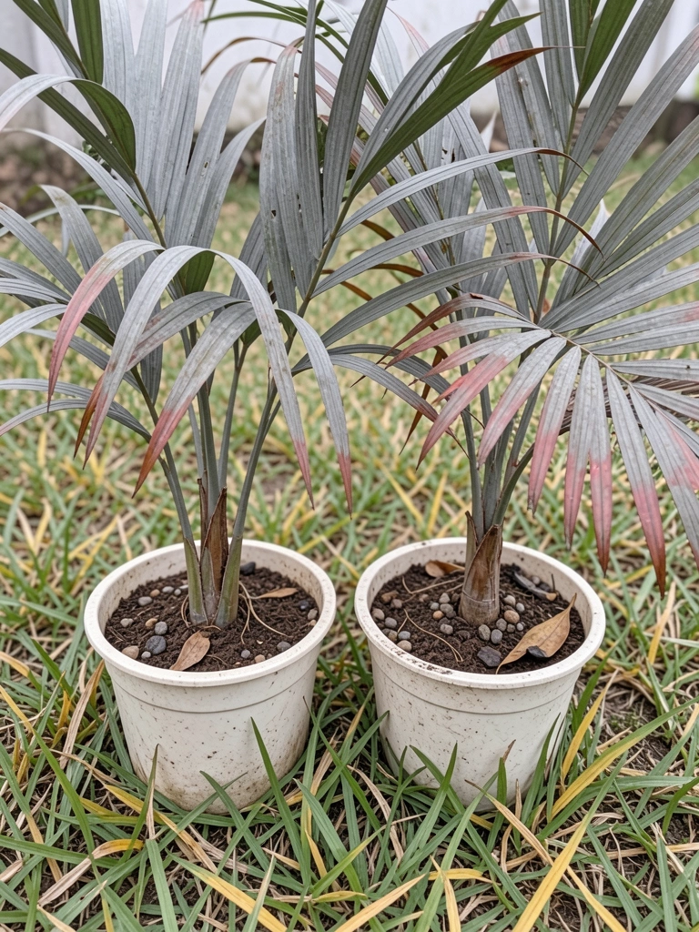 Palmeira de toiceira com múltiplos troncos ao lado de uma de tronco único em jardim
