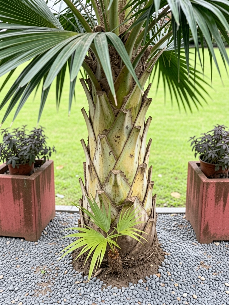 Sequência de etapas para propagação de palmeira por broto, com vasos e ferramentas de jardinagem sobre bancada.