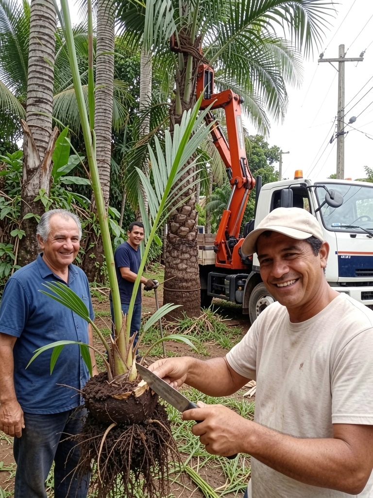 Faca cortando broto de palmeira com pedaço da base