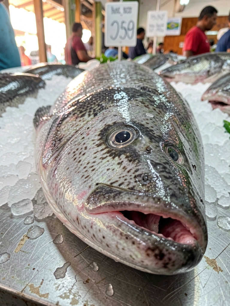 Peixe paru inteiro sobre gelo em peixaria, escamas prateadas brilhantes