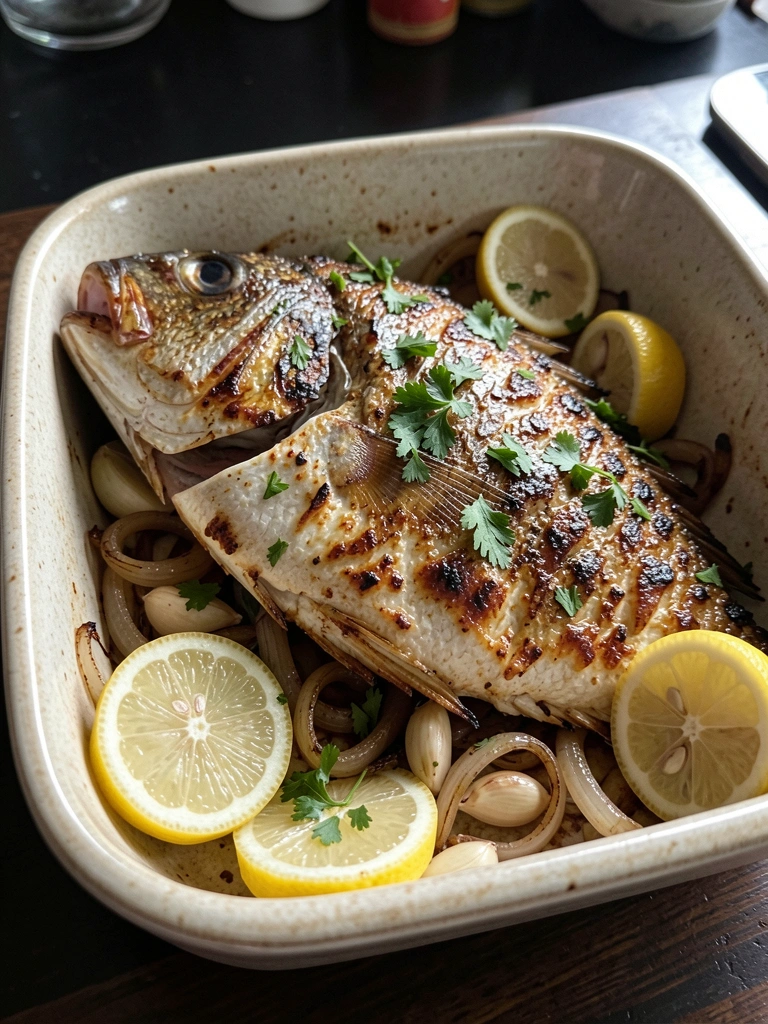 Peixe paru fresco inteiro sobre superfície clara, com limões cortados e ramos de ervas ao redor