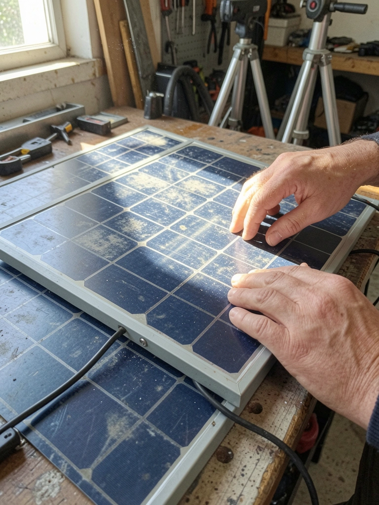 Mãos seguram uma placa solar sobre bancada de oficina, com ferramentas ao redor e luz incidindo sobre a superfície.