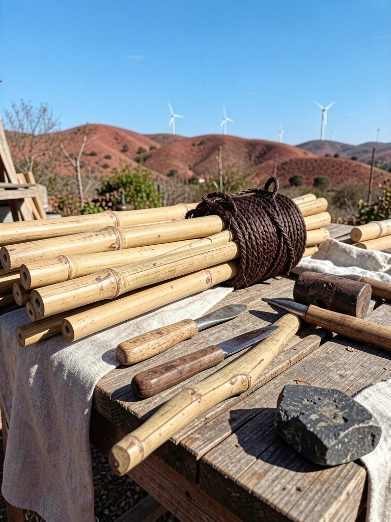 Mesa de madeira com varas de bambu, corda de sisal, tecido cru e ferramentas