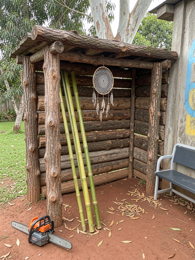 Três varas de bambu apoiadas na parede, com cerca de 1,80m de altura e diâmetro entre 5 e 7cm.