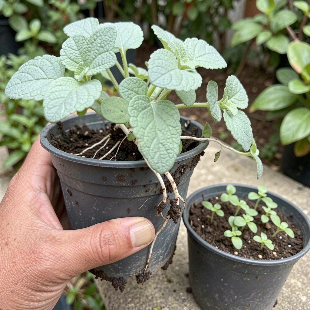 Muda de arruda em vaso com raízes expostas, sob luz solar suave