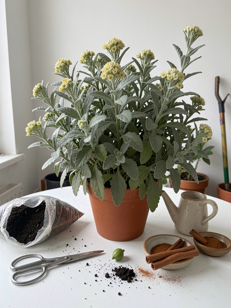 Materiais de jardinagem sobre superfície de madeira: tesoura, vaso, terra, regador e canela.