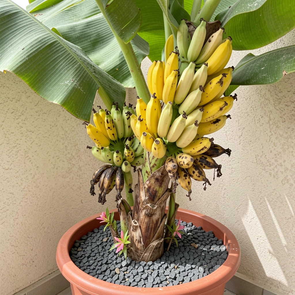 Vaso grande com bananeira verde em varanda ensolarada