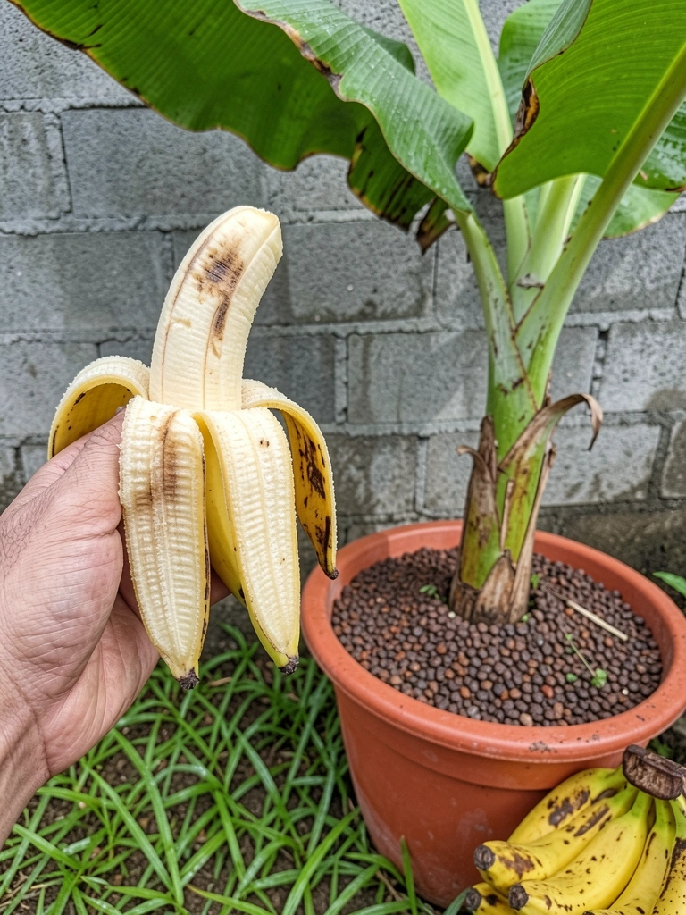 Bananeira com caule, folhas e rizoma visíveis, em fundo neutro