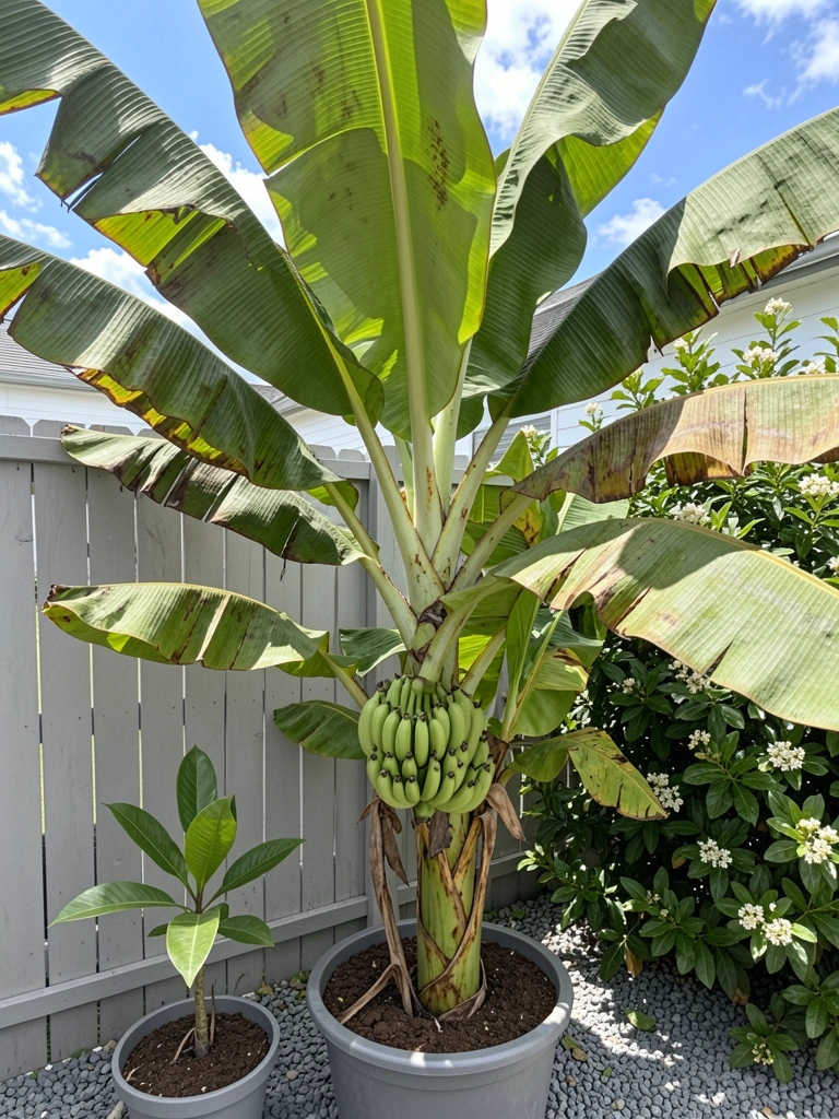 Muda de bananeira ao lado de planta adulta com cacho de bananas