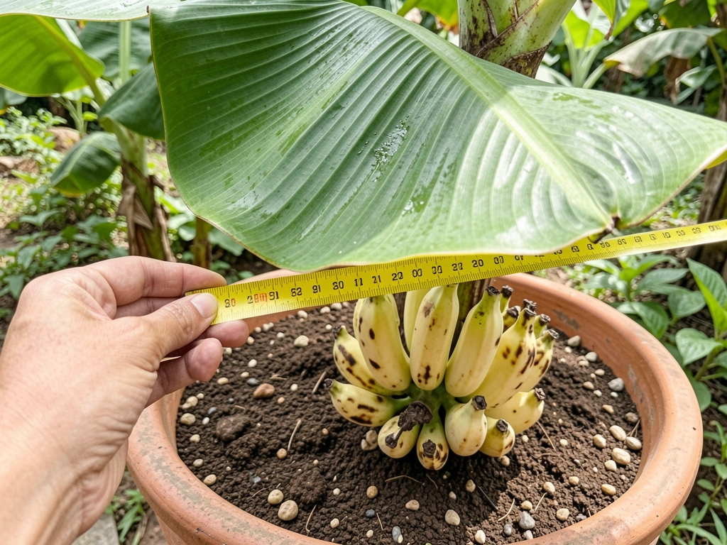 Mão segurando fita métrica sobre vaso grande