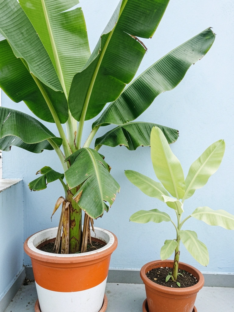 Vaso com bananeira em sacada ensolarada, folhas verdes e cacho de bananas ao fundo