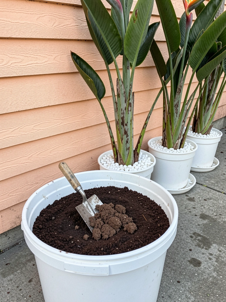 Pá de jardinagem misturando substrato em vaso grande