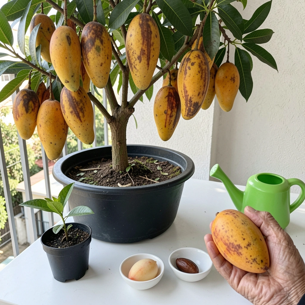 Mangueira anã em vaso com mangas maduras em varanda ensolarada