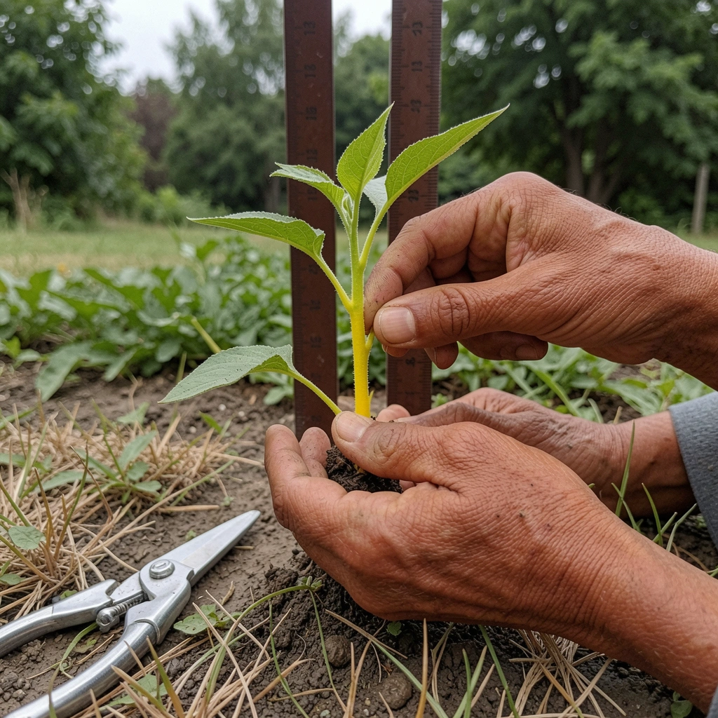 Mão segurando uma muda de girassol com folhas verdes e caule fino, em close.