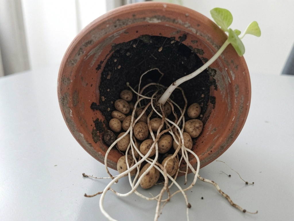 Raízes enoveladas visíveis no fundo de um vaso de planta