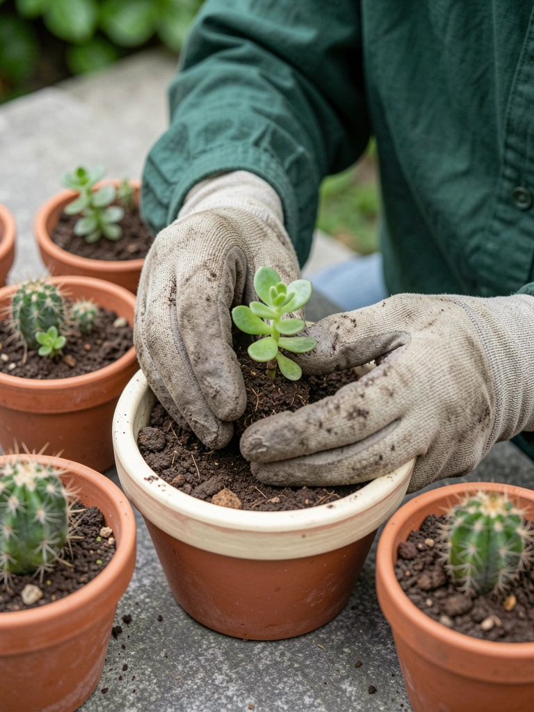 Mãos com luvas de jardinagem replantando uma muda em vaso novo com terra