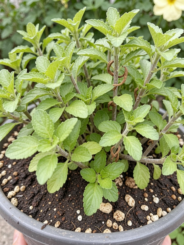 Mistura de terra vegetal e substrato em uma bacia de metal