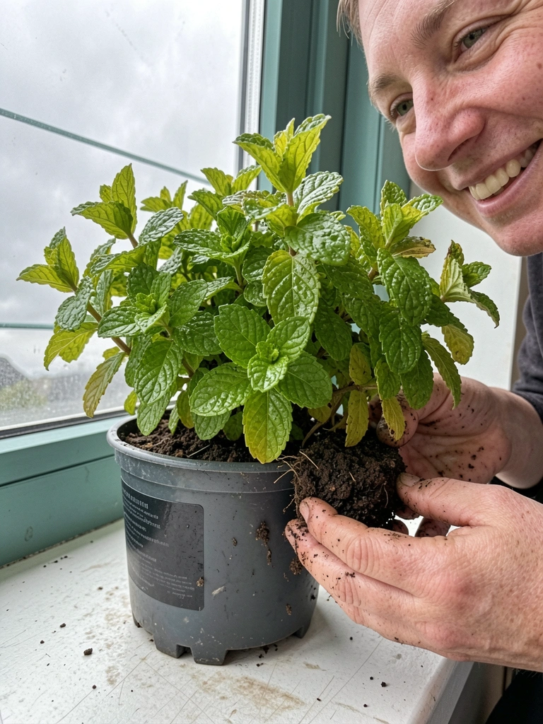 Mãos segurando um torrão de terra com raízes de uma planta medicinal