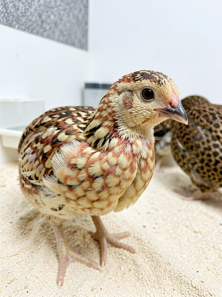 Grupo de codornas japonesas em criatório limpo, com piso de cimento e luz natural