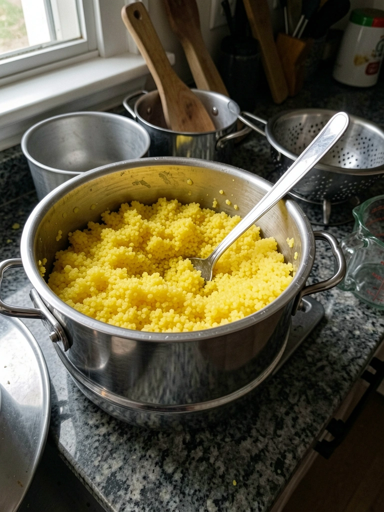Cuscuzeira ao lado de panela e escorredor sobre bancada de cozinha