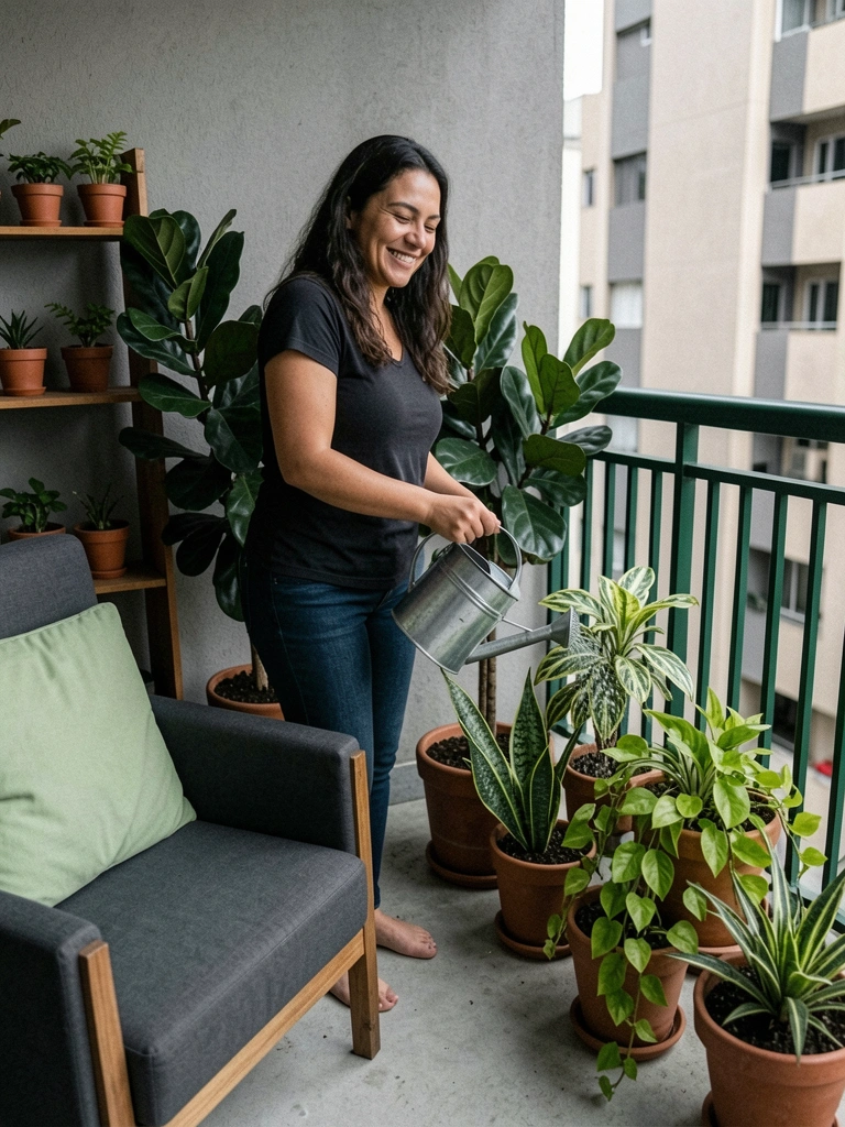 Mulher regando planta de sombra com regador, vasos em estante, luz indireta