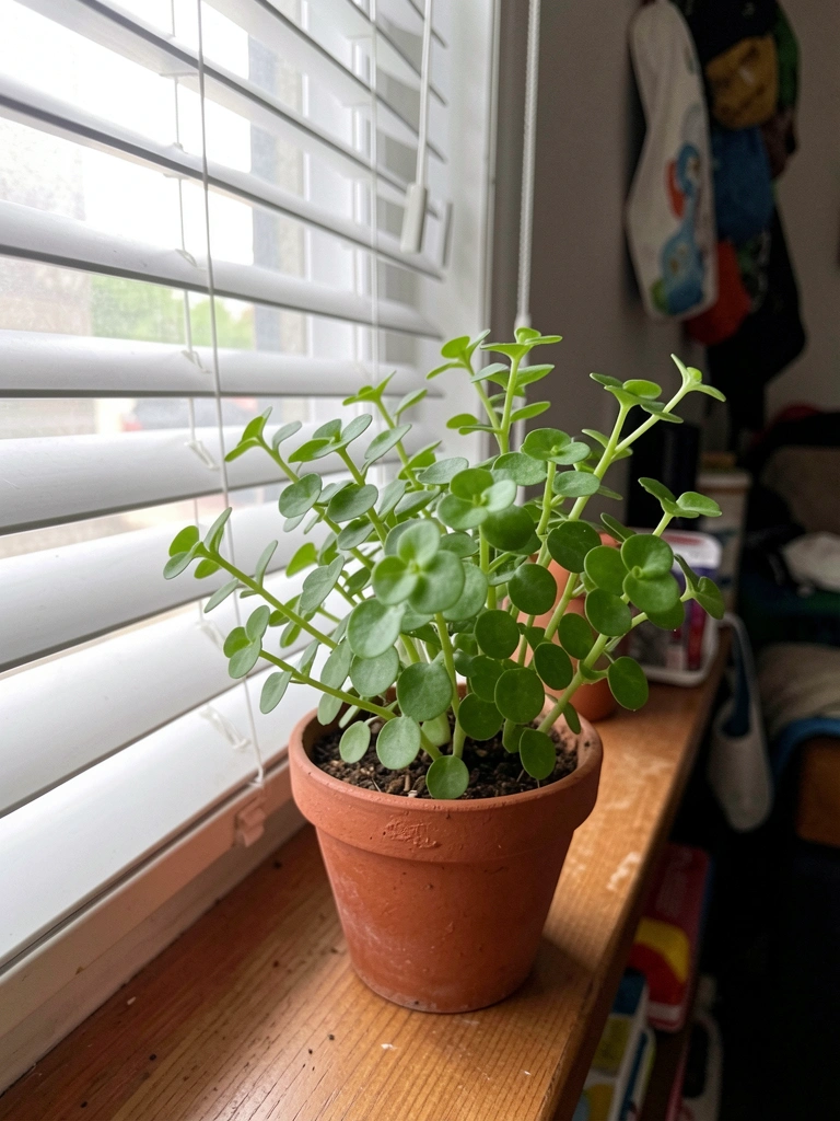 Planta de sombra jovem em vaso ao lado de janela com persianas, ambiente claro