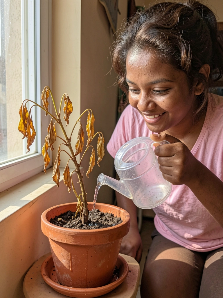Mãos despejando água em vaso com terra encharcada, gotas escorrendo pelo prato