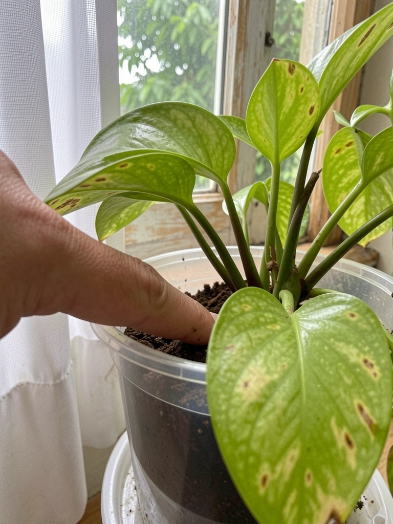 Dedo inserido na terra marrom de um vaso para verificar a umidade do substrato