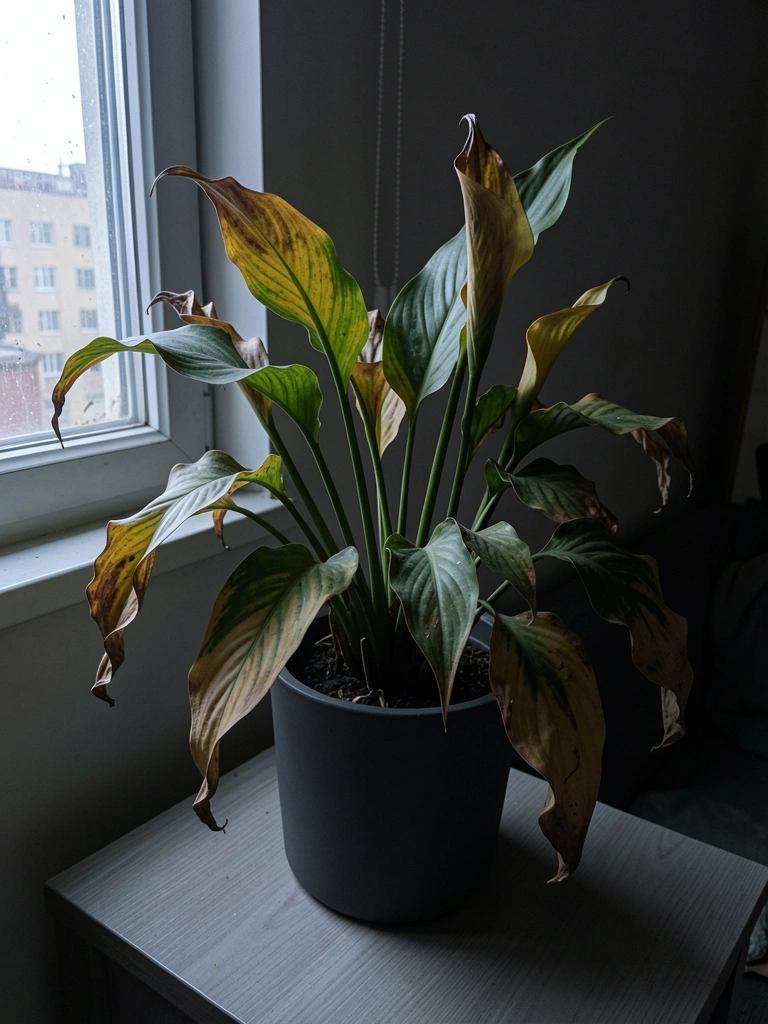 Planta de folhas murchas em vaso, posicionada em canto escuro de sala com pouca luz