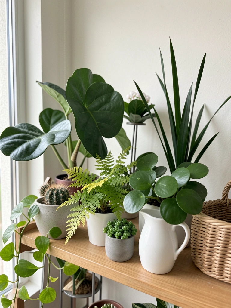 Sala com janela ampla e plantas de sombra em suportes, sem incidência direta de sol