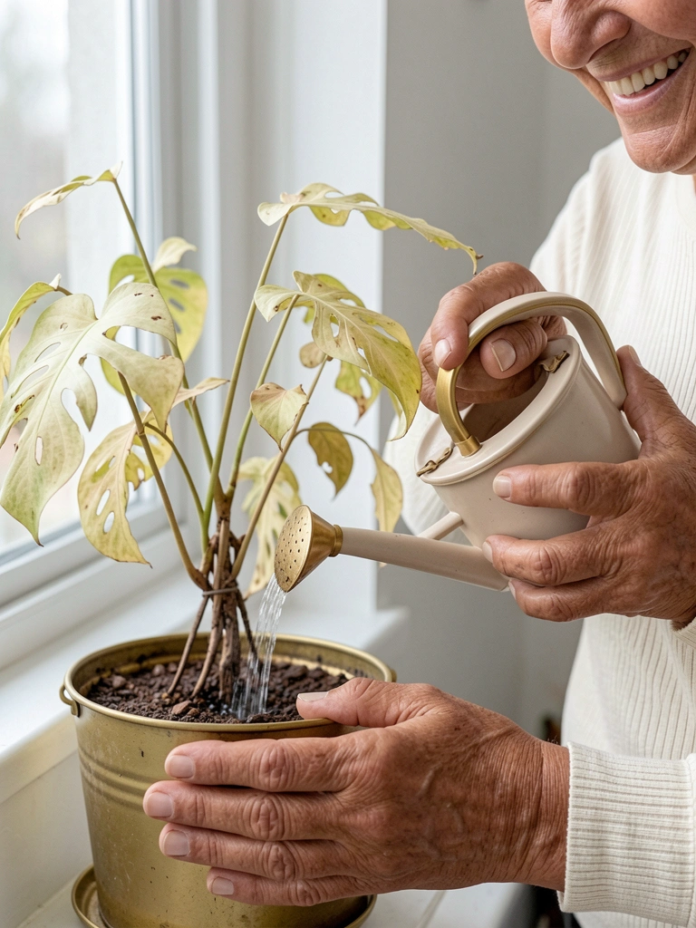Vaso com planta de folhas pequenas e pálidas, caules esticados e fracos