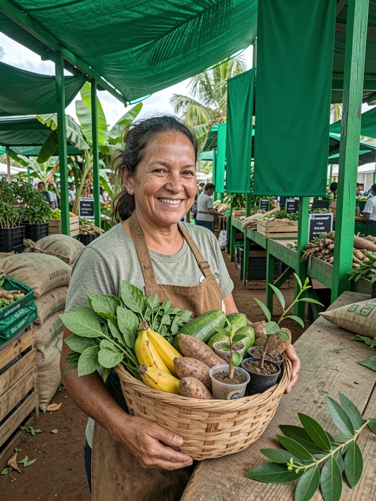Mulher sorrindo segura cesta de produtos em feira, com barracas ao fundo