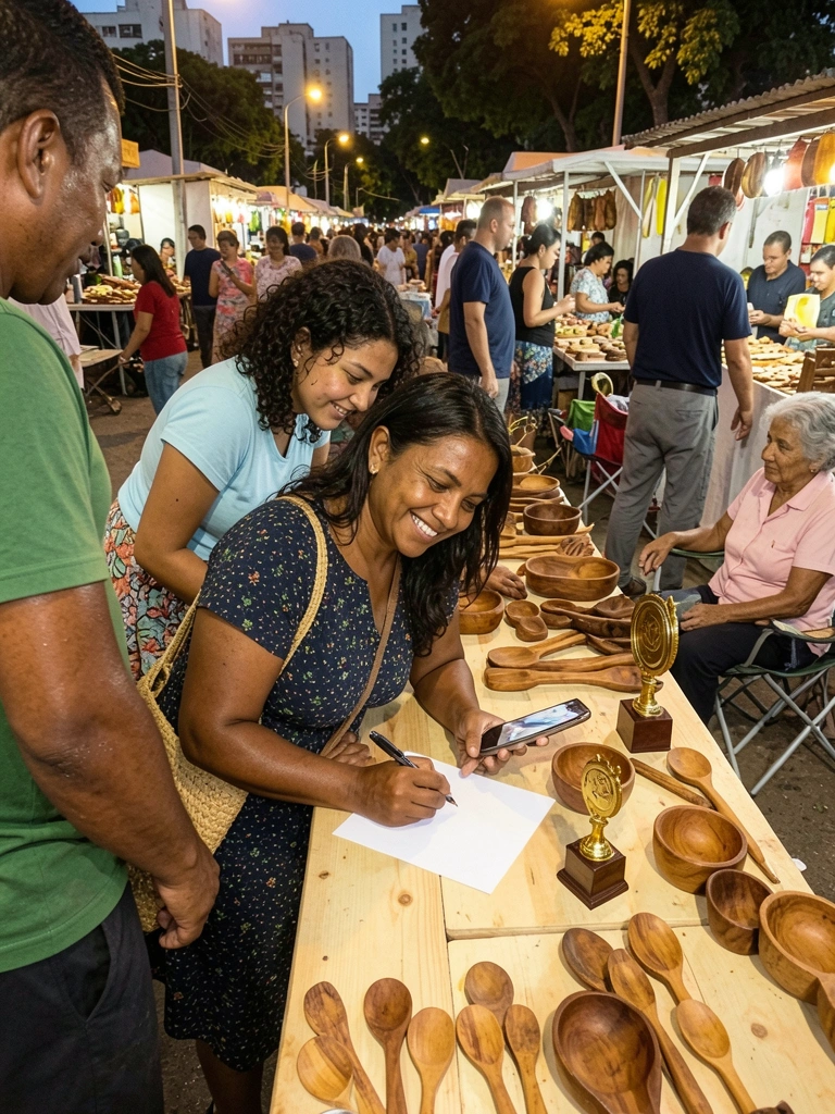 Mulher assina documento em mesa de madeira, com troféu dourado ao lado e expressão de sorriso