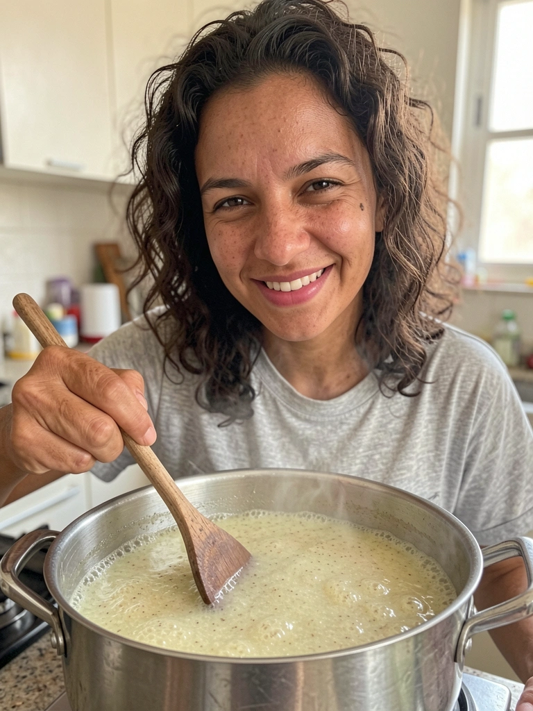 Panela com linhaça fervendo e colher de pau mexendo o gel