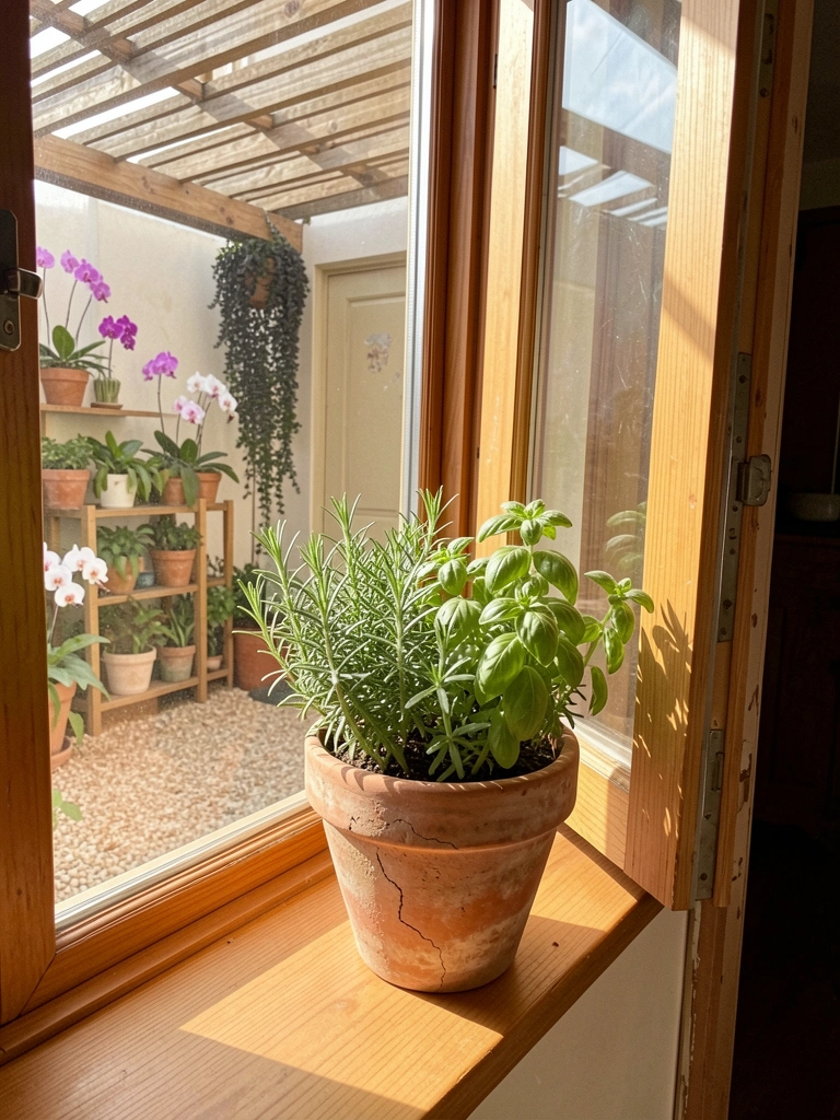 Vaso de temperos na janela com sol da manhã entrando