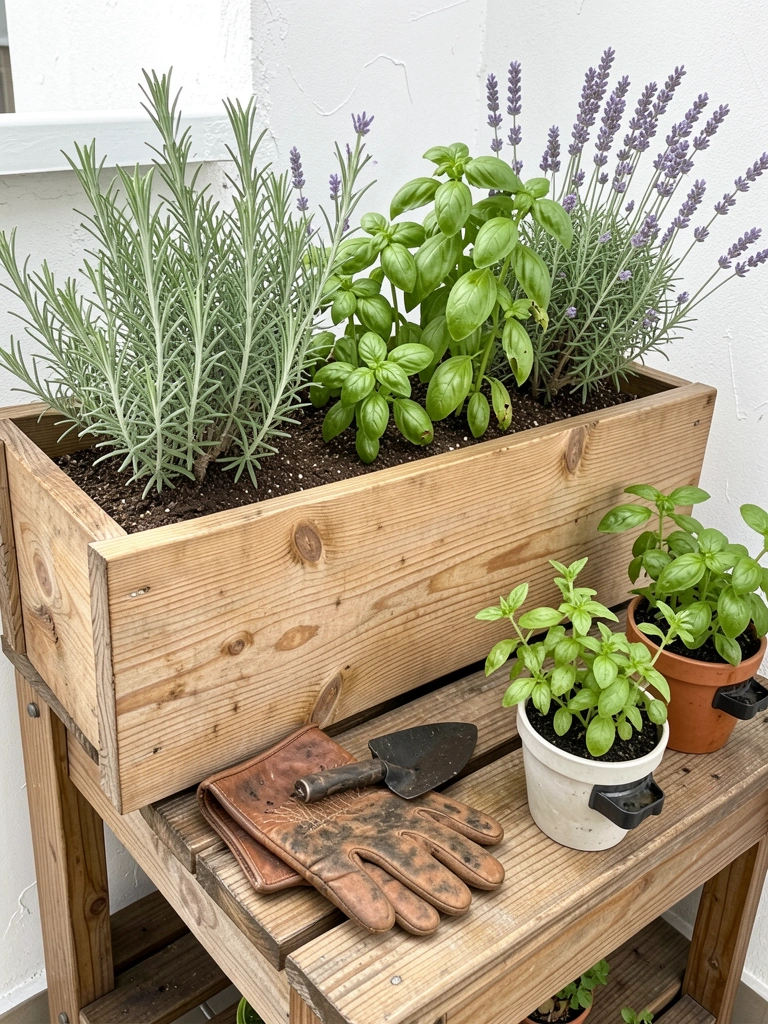 Varanda com jardineiras de temperos e vasos autoirrigáveis em diferentes alturas