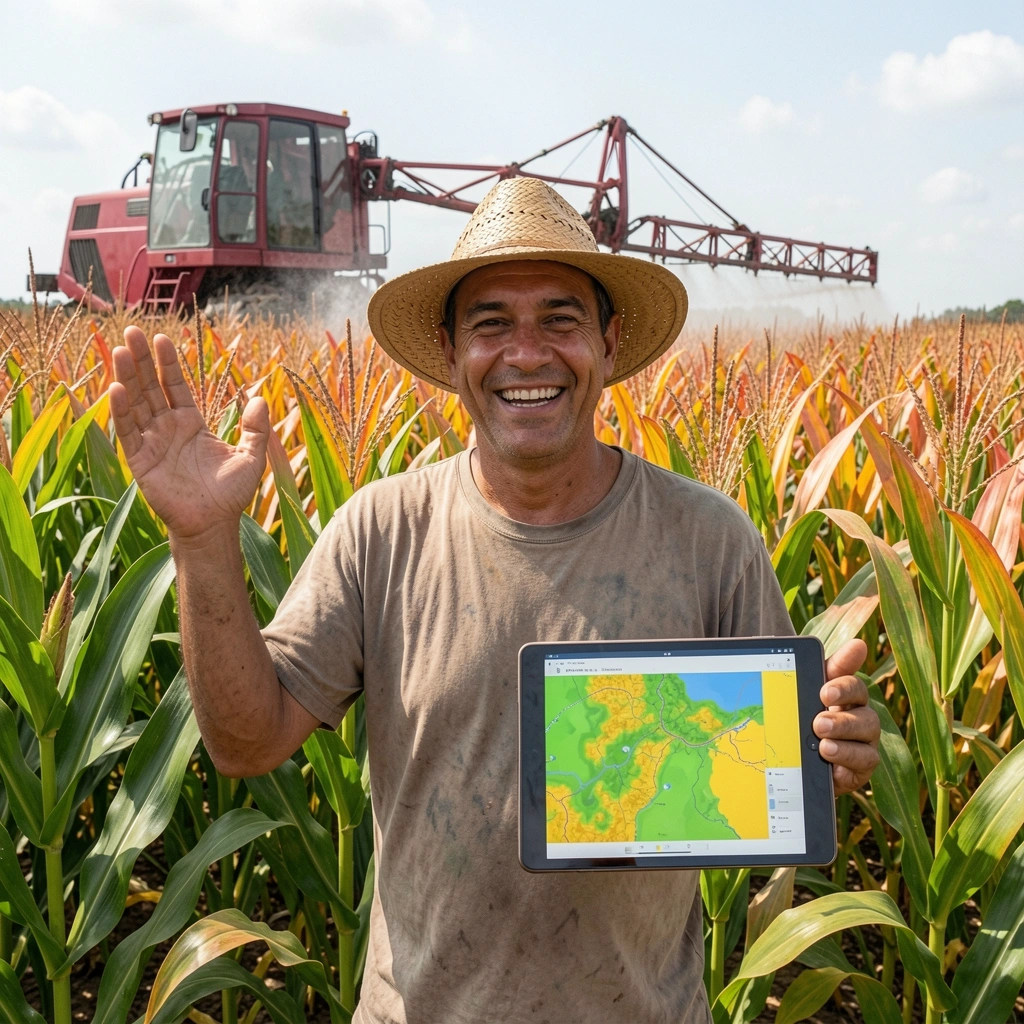 Agricultor segurando tablet em campo, com mapa digital projetado ao fundo