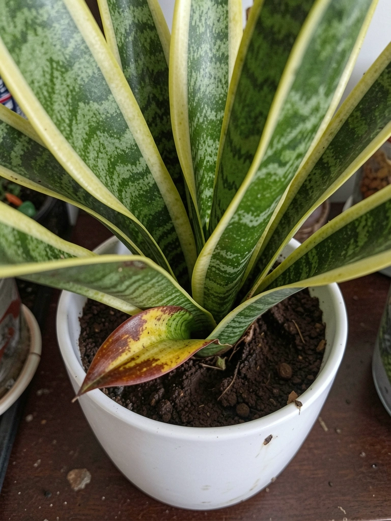Folha amarela na base da planta, entre folhas verdes escuras.