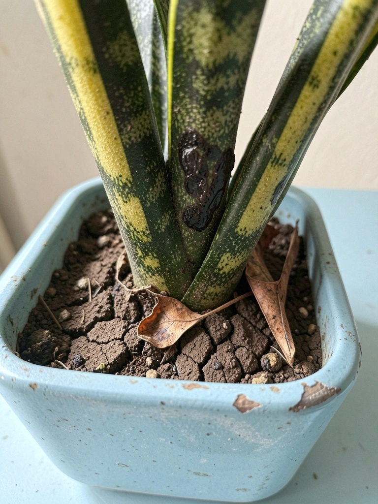 Folha verde com manchas escuras e amolecidas próximas à base, junto ao substrato