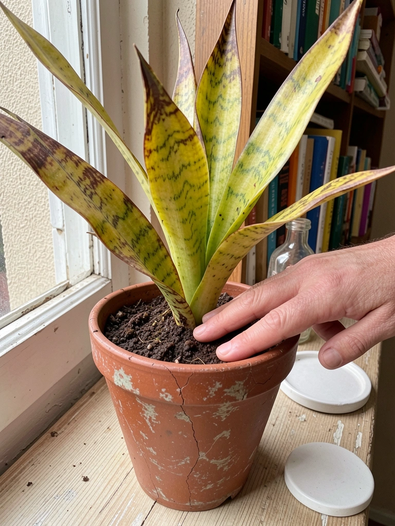 Dedo pressionando o substrato de um vaso para verificar a umidade da terra