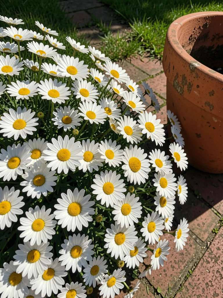 Duas margaridas lado a lado, uma sob luz direta do sol e outra na sombra, mostrando diferença no desenvolvimento das flores.