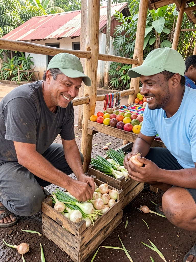 Barracas de frutas e artesanato em praça nordestina, com cores vibrantes e movimento de pessoas.